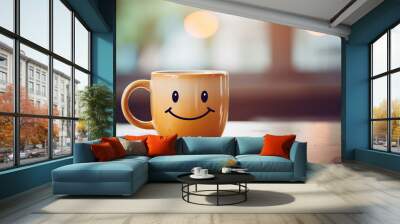 A coffee cup with a smiley face on it on blurred background with bokeh Wall mural