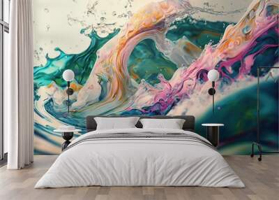 a colorful wave of water with bubbles and bubbles on it's side, with a white background and a blue, yellow, pink, green, orange, and pink, and blue wave of water. Generative AI Wall mural