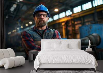 A confident worker stands with arms crossed in an industrial workshop, wearing a plaid shirt, hard hat, and safety glasses. The background features machinery and bright lights Wall mural