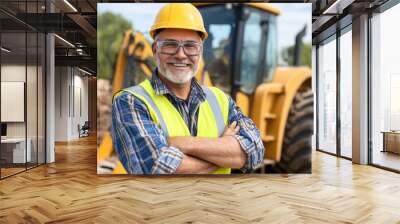 A construction worker stands proudly at a busy job site, wearing a yellow hard hat and reflective vest. He sports a cheerful smile, showcasing his expertise and dedication to safety Wall mural