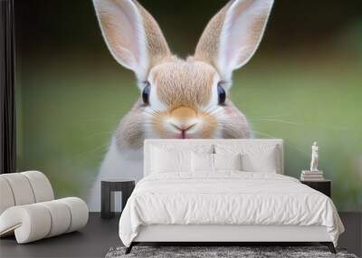 A curious rabbit with light brown and white fur is gripping a bright red ball in its mouth, surrounded by lush green grass under clear blue skies Wall mural