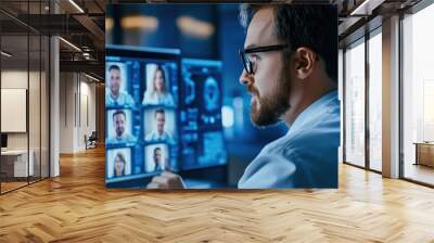 A data analyst focuses intently on a computer screen displaying various facial recognition images of individuals in a contemporary office environment at dusk Wall mural