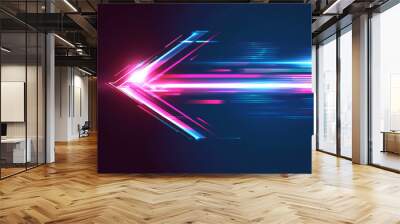 A digital 3D illustration featuring neon blue and pink arrows moving at high speed against a dark background. The dynamic and futuristic composition evokes a sense of motion and modern technology Wall mural