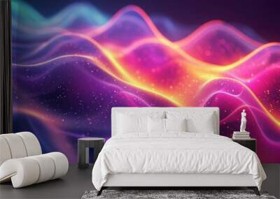 A flowing neon wave that glows with vibrant pink and blue hues, sprinkled with particles resembling a starry cosmos.. Wall mural