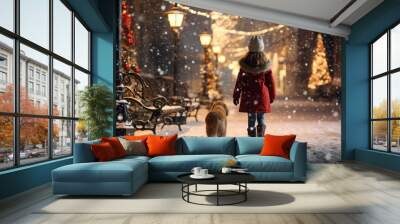 a girl walks with a dog along the snow-covered streets, lit by lanterns, in winter, ai generated Wall mural