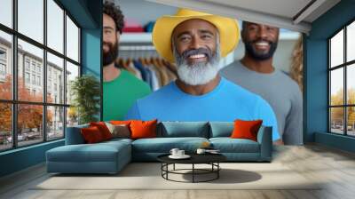 A group of four friends enjoys a cheerful moment in a bright store, showcasing their colorful attire and a sunny vibe with one wearing a yellow hat Wall mural