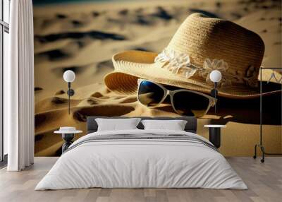 a hat and sunglasses on the sand on seashore Wall mural