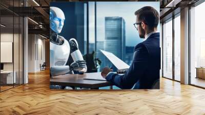 A humanoid robot and a man in a suit sit across from each other at a table in a modern office. The man holds a paper while the robot faces him. Tech and Ai in human relations concept Wall mural