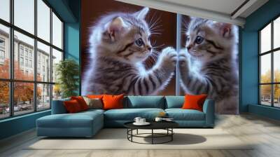 A kitten trying to catch its reflection in a mirror, playfully pawing at it Wall mural