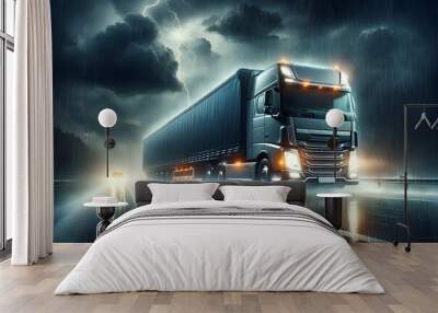 a large cargo truck drives along a highway at dusk during a heavy rainstorm Wall mural