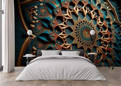 a large intricate design on a blue background with a gold center and a star in the center of the design. Wall mural