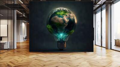 a light bulb with a picture of the earth inside it and a green light bulb inside it with a tree inside of it and a light bulb on the side of the light bulb is. Wall mural