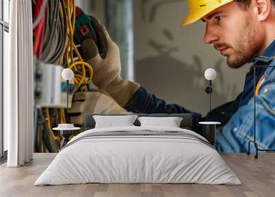 a male electrician installs a wire and an electrical panel Wall mural