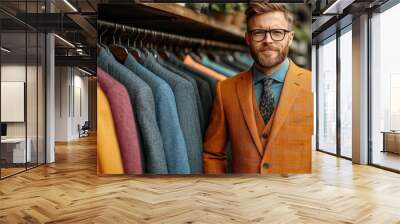 A man in a vibrant orange suit and glasses poses confidently next to a row of neatly arranged jackets in various colors and styles, showcasing a fashionable selection in a modern store Wall mural