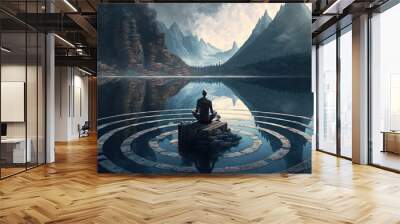 a man sitting on a rock in a lake surrounded by mountains and a forest with a man sitting on a rock in the middle of the water. Wall mural