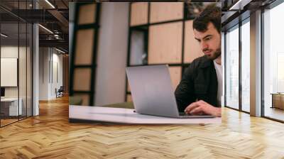 A man works on a laptop in an office or coworking Wall mural