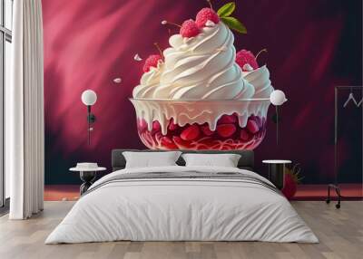 a painting of a dessert with whipped cream and strawberries on the table with a pink background and a pink backdrop with a pink backdrop with a pink hued area. Generative AI Wall mural