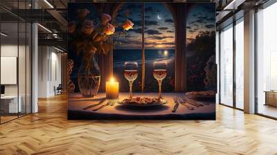 a painting of a table with a plate of food and two wine glasses on it, with a candle lit in front of a window overlooking the ocean and a full moonlit sky with roses. Wall mural