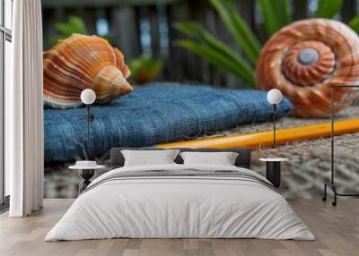 a pair of pencils sitting on top of a blue piece of cloth next to a pair of seashells. Wall mural