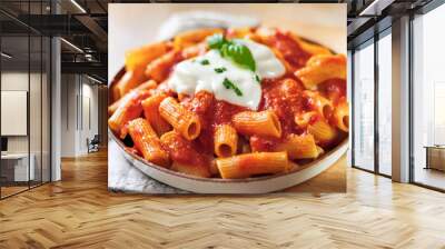 A portion of rigatoni pasta covered in rich tomato sauce and topped with grated Parmesan and ricotta burrata cheese, garnished with fresh basil, served in a white dish. Wall mural