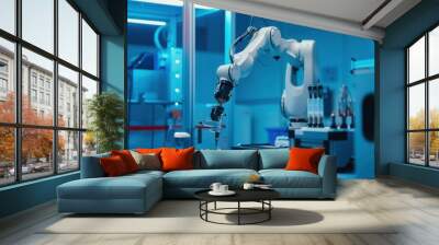 A robotic arm in electric blue sits on a lab table Wall mural