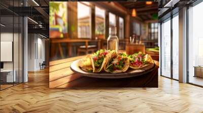 A rustic wooden table complements the perfection of chicken avocado tacos. Wall mural