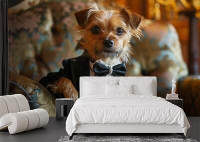 A small dog wearing a black tuxedo and bow tie, sitting on an elegant chair. Wall mural