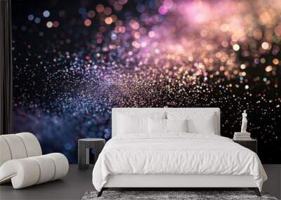 A sparkling bokeh overlay creates a magical and dreamy effect with glittering light particles and a vibrant glow, white, pink and purple sparkles on black background, banner Wall mural