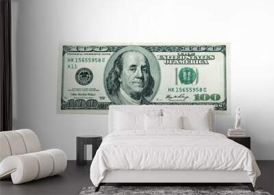 A stack of green 100 dollar bills on a white background isolated photo Wall mural