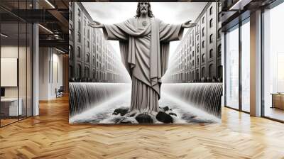 A statue of Jesus christ design drawing graphic in a city Illustrative eyecatching Illustrative unique. Wall mural