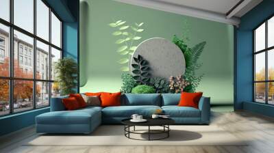 a stone with plants and rocks in it on a green background with a green planter and a green wall. Wall mural