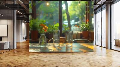 a table with two vases of flowers and two glasses of water sitting on top of it in front of a window. Wall mural