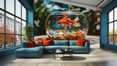 A vibrant goldfish gracefully swims in a clear bowl filled with colorful stones, surrounded by lush green plants, creating a peaceful atmosphere indoors Wall mural