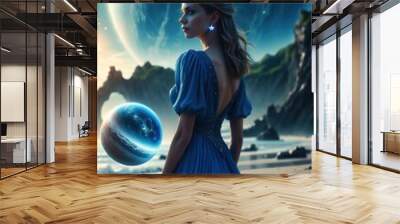 A woman in a blue dress stands on a sandy beach, gazing at the starry sky. Two planets, one large and one small, float above her in the night sky Wall mural