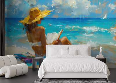 A woman sitting on a beach, reading a book with the ocean in the background, enjoying a sunny day. Wall mural