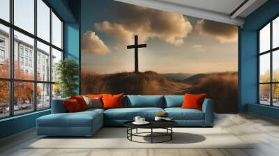 A wooden cross stands against a vivid sky, clouds parting around it, symbolizing hope and faith Wall mural