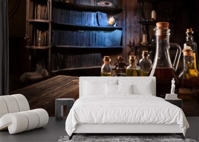 A wooden table with glass potion bottles, dried herbs, and a large decanter, lit by soft candlelight. A rustic bookshelf filled with old books casts shadows in the dimly lit room. Wall mural