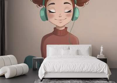 A young girl wearing headphones listens to music.  Illustration in cartoon style. Wall mural