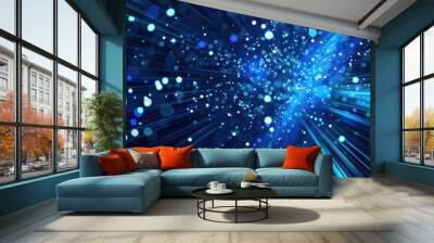 Abstract blue light beams and sparkling particles in motion Wall mural