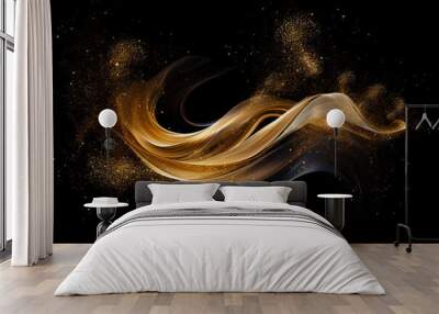 Abstract gold illuminated smooth wavy curved lines and golden sparkling dots, stars texture. Lights effect, lens flare, on dark technology background. Tech, business, science concept.  Wall mural