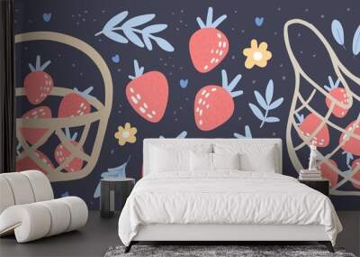 Abstract modern set of Strawberries in basket. Vector hand drawn berries with flowers and leaves illustration. Isolated on black background. Wall mural