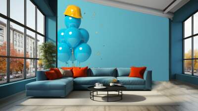 Air balloons with a protective helmet on a blue background.
3D render template for the Builder's Day, Labor Day, the building company anniversary or a new project start banner. Wall mural