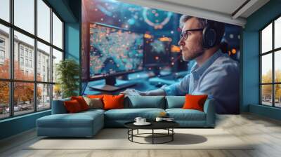 Air traffic controller sitting in airport communication center navigating planes in the sky air. Wall mural