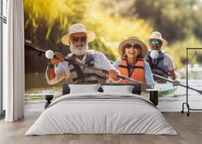 an elderly man with friends, families, kayaking on the water, generated by ai Wall mural