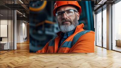 An industrial worker stands proudly in a manufacturing facility, wearing a hard hat and safety glasses. The background reveals machinery, indicating a busy workshop atmosphere Wall mural