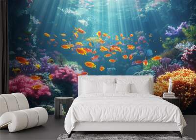 An underwater scene showing a vibrant coral reef, with colorful fish and marine life, summer concept, 3D render Wall mural