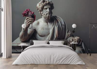 Arrogant portrait of a sculpture of antique statue of a man with wine glass in hand on gray background with copy space Wall mural