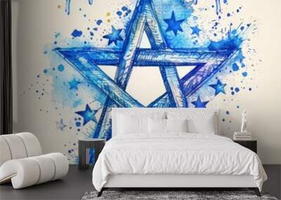 Artistic blue Penrose star with watercolor effects and festive banner Wall mural