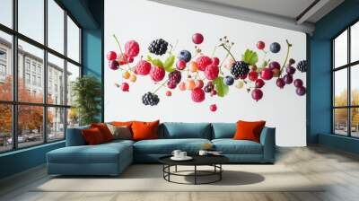 Assortment of Fresh Forest Berries Flying Mid-Air - Design for Print, Card, Poster Wall mural