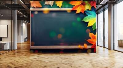 Autumn Leaves Frame - dark chalkboard background with a border made of vibrant autumn leaves. Graphic art illustration with copy space. Back to school banner in watercolor style Wall mural